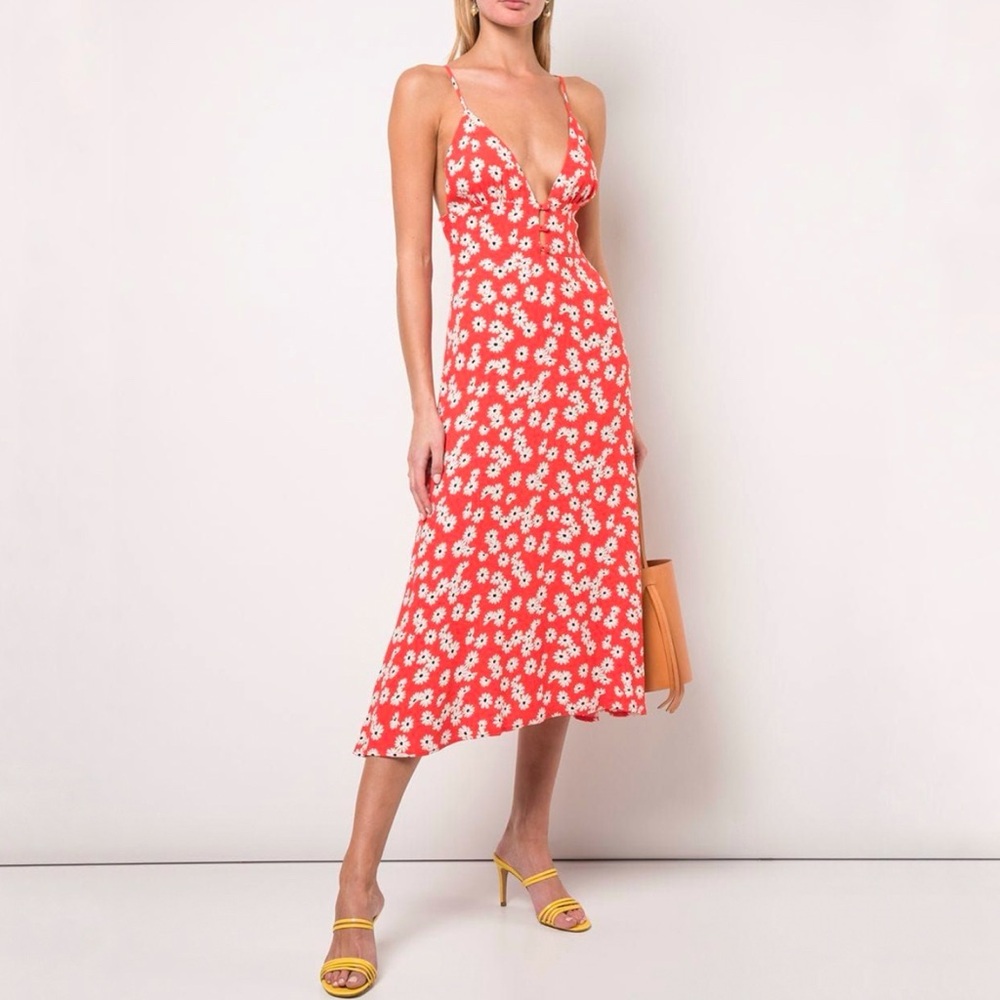 REFORMATION RED BLACK DAISY FLORAL PRINT SPAGHETTI STRAP MONTAGUE MIDI DRESS